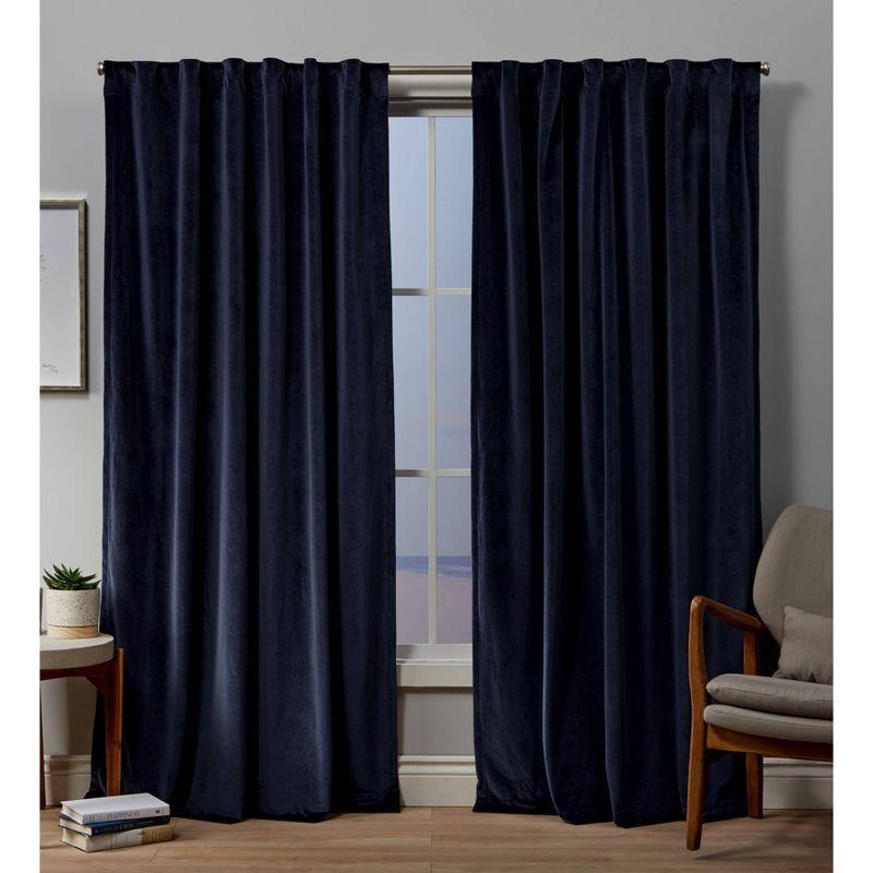 Navy Plush Velvet Light-Filtering Pleated Window Panel Pair