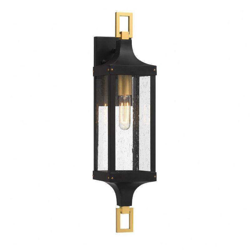 Matte Black and Brass Outdoor Lantern Sconce with Seeded Glass