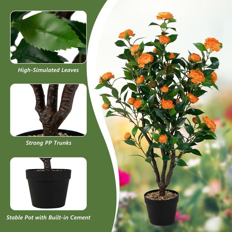 Tangkula 40" Artificial Camellia Tree Faux Flower Plant Artificial Tree in Cement Pot Greenery Potted Plant for Outdoor & Indoor Decor