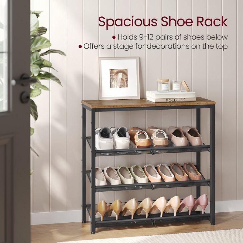 VASAGLE 4 Tier Shoe Rack for Entryway - Holds 12-15 Pairs, Sturdy Wooden Top, Industrial Style