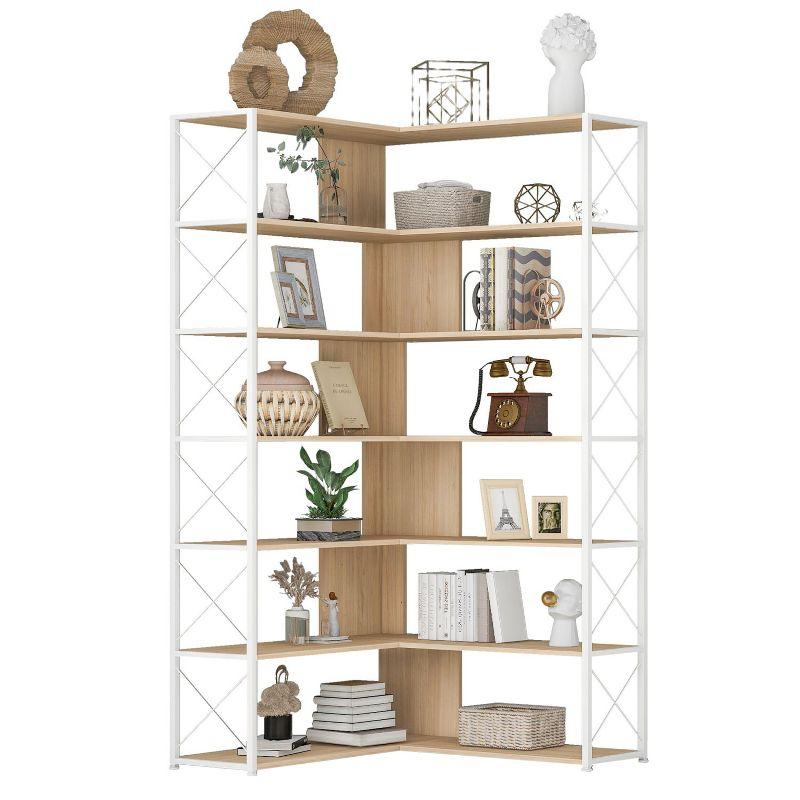 7-Tier Bookcase Home Office Bookshelf, L-Shaped Corner Bookcase with Metal Frame, Industrial Style Shelf with Open Storage, MDF Board-The Pop Home