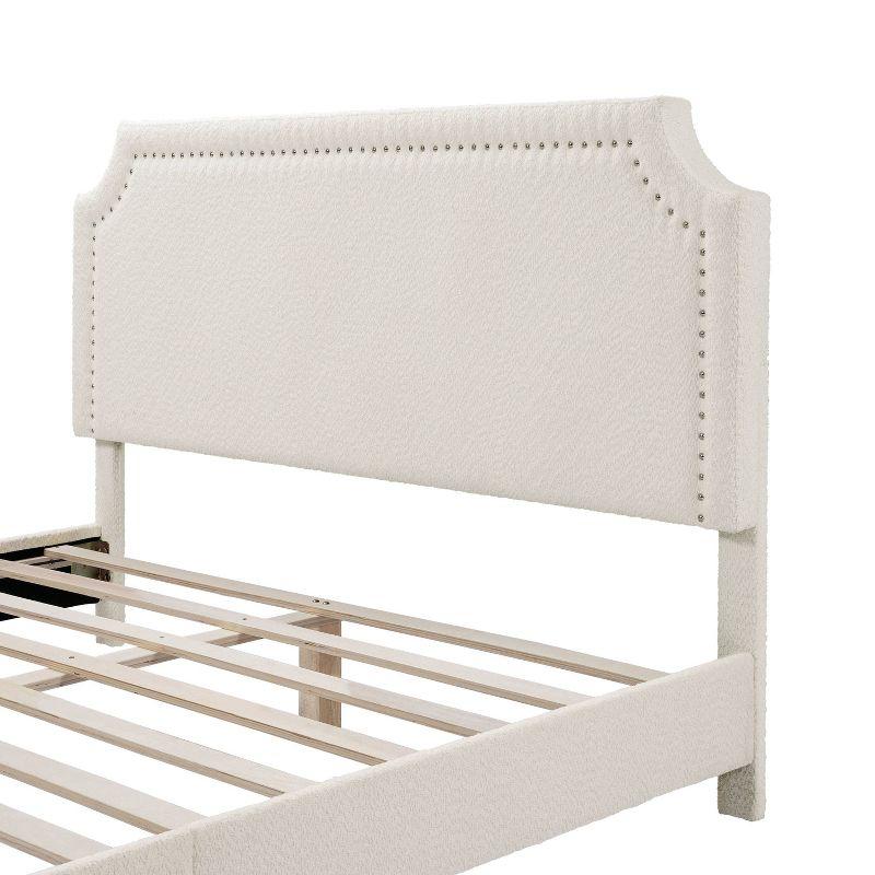 24/7 Shop At Home Queen Heartwild Modern Boucle Upholstered Nailhead Trim Platform Bed White: Polyester, Wood Frame, No Box Spring Needed