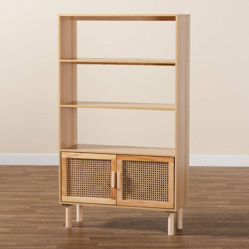 55.1" Faulkner Natural Wood Rattan 2 Door Bookcase Brown - Baxton Studio: Mid-Century Design, 3 Shelves