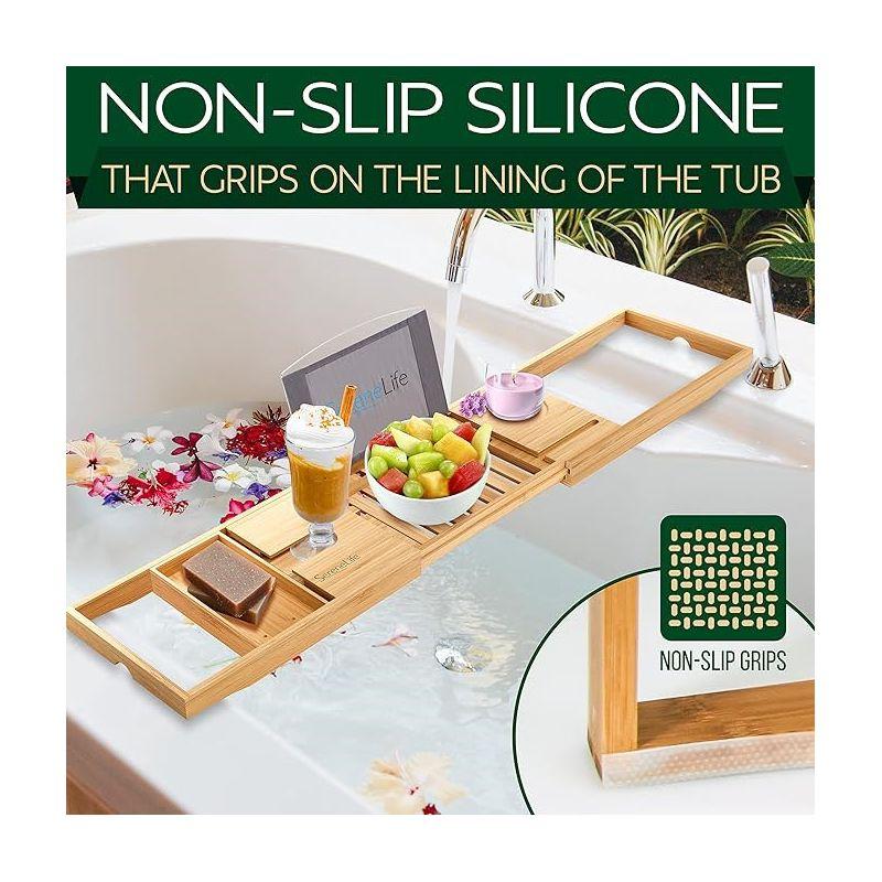 Latitude Run® Luxury Bamboo Bathtub Caddy Tray - Adjustable, Waterproof, With Wine Holder And Phone Slot For Relaxing Baths