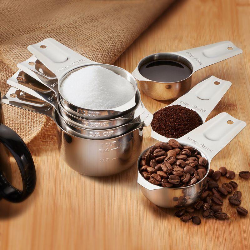 Last Confection 7-Piece Stainless Steel Measuring Cup Set - Includes 1/8 Cup Coffee Scoop - Measurements for Spices, Cooking & Baking Ingredients