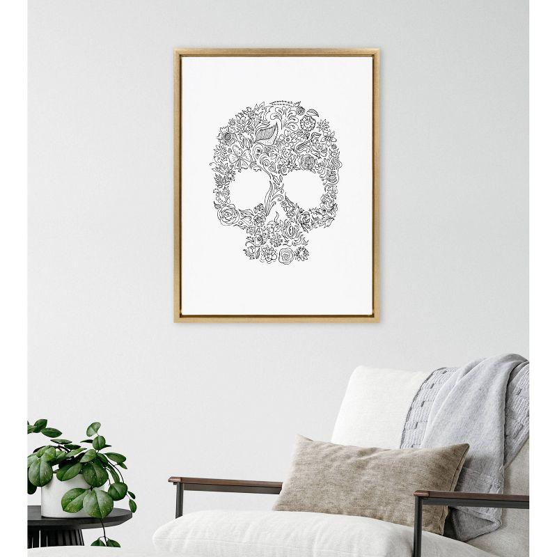 Kate & Laurel All Things Decor 18"x24" Sylvie Skull Print Framed Canvas Wall Art by Viola Kreczmer Gold Black and White Floral