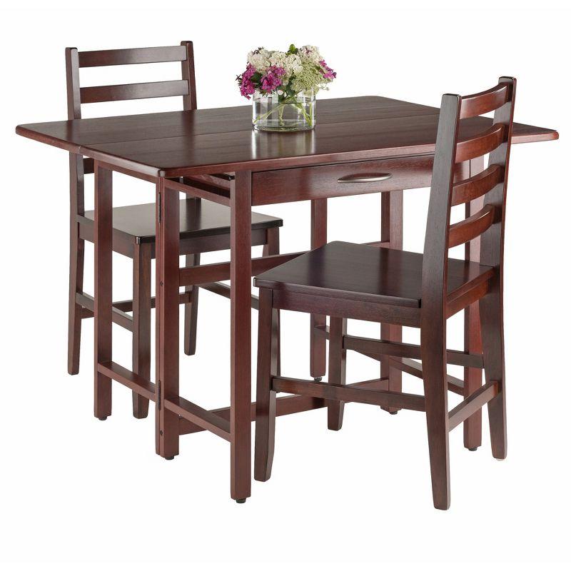 3pc Taylor Drop Leaf Dining Set with Ladder Back Chairs Walnut - Winsome: Solid Wood, Extendable, Drawer Storage