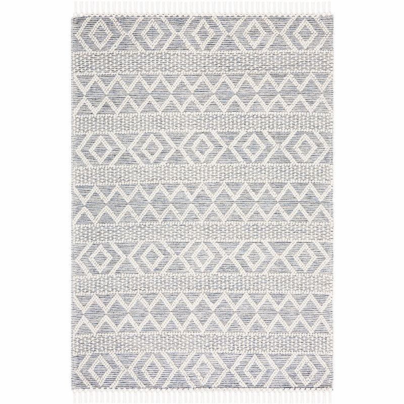 Ivory and Blue Hand-Knotted Wool and Cotton Rug, 4' x 6'