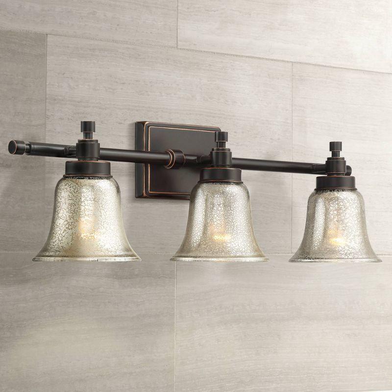 Possini Euro Design Varra Rustic Industrial Wall Light Bronze Hardwire 26 1/2" 3-Light Fixture Bell Mercury Glass Shade for Bedroom Bathroom Vanity