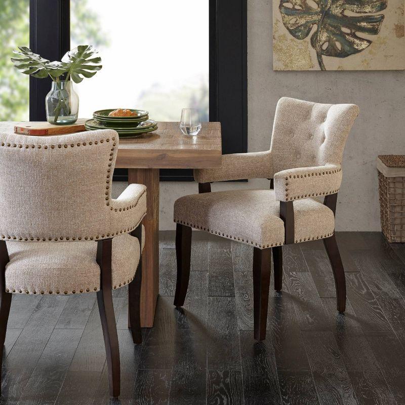 Elegant Cream Upholstered Dining Armchair with Brass Trim, Set of 2