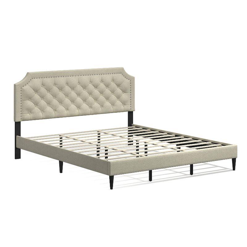 Glenwillow Home Curta Upholstered Platform Bed, Clipped Nailhead Trim with Button Tufting, Mattress Foundation, No Box Spring, Beige, California King