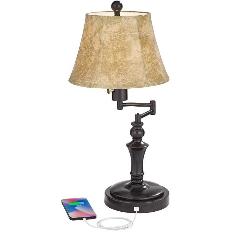 Regency Hill Traditional Desk Table Lamp Swing Arm with Hotel Style USB Charging Port 21.75" High Bronze Metal Faux Leather Bell Shade for Bedroom