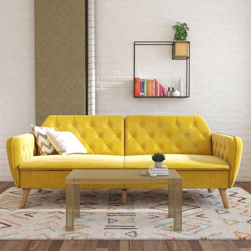 Tallulah Memory Foam Futon and Sofa Bed Mustard Yellow - Novogratz: Velvet Upholstery, Split-Back Design, Wooden Legs