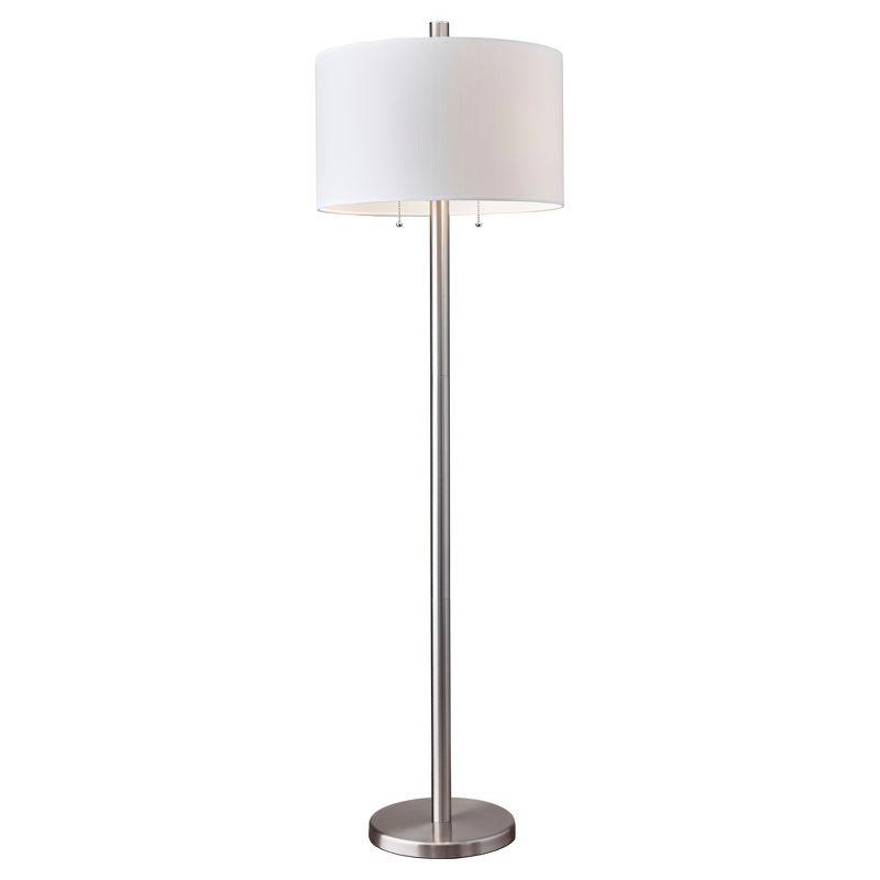 Silver and White Satin Steel Floor Lamp with Drum Shade