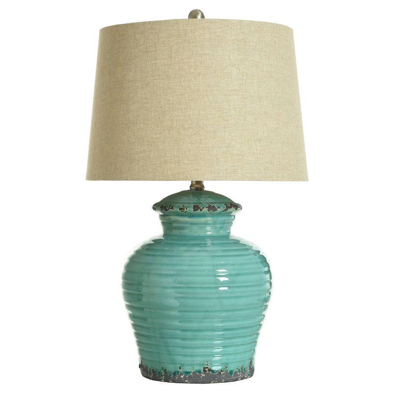 Turquoise Ceramic Table Lamp with Beige Hardback Linen Shade - StyleCraft: Rustic Bohemian Decor, No Assembly, UL Listed