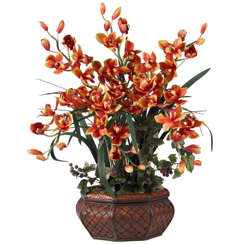 Burgundy Cymbidium Orchid with Lights in Woven Planter