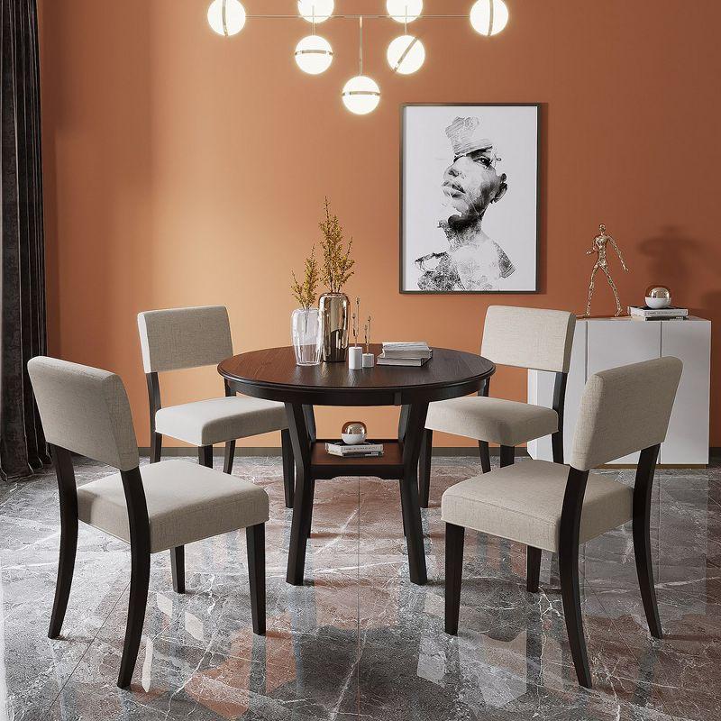 Espresso Round 5-Piece Dining Set with Beige Upholstered Chairs