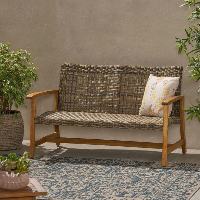 GDFStudio Jean Outdoor Acacia Wood and Wicker Loveseat, Brown
