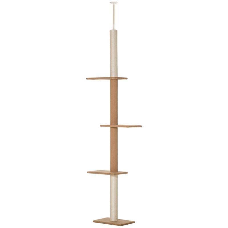 PawHut Floor to Ceiling Cat Tree Cat Climbing Tower with Sisal-Covered Scratching Posts Natural Cat Tree Activity Center for kittens, Light brown