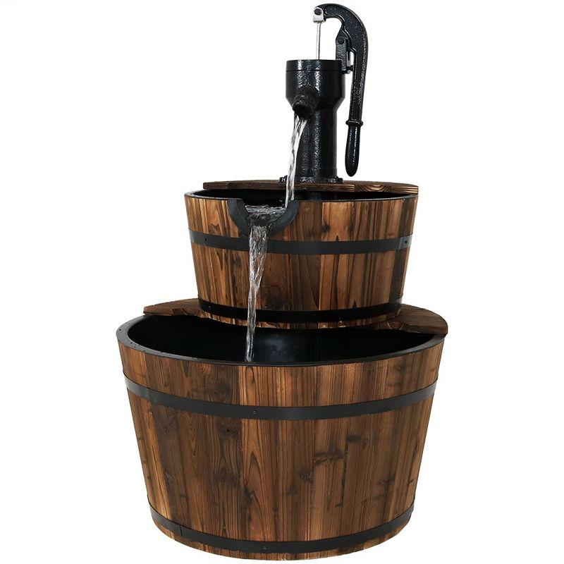 34" Rustic Fir Wood 2-Tier Barrel Water Fountain with Metal Hand Pump