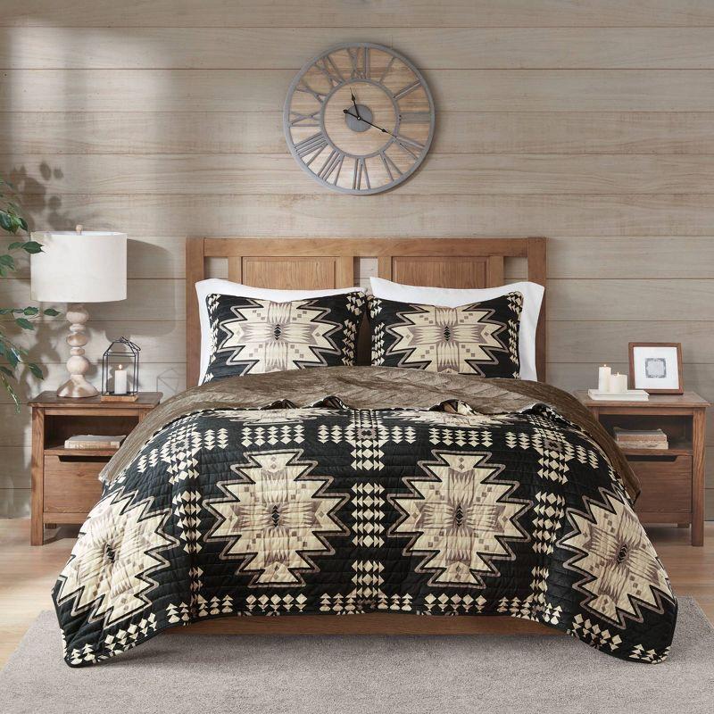 3pc Full/Queen Sierra Oversized Print Plush Coverlet Set Tan/Black: Woolrich Microplush Bedding Set with Shams