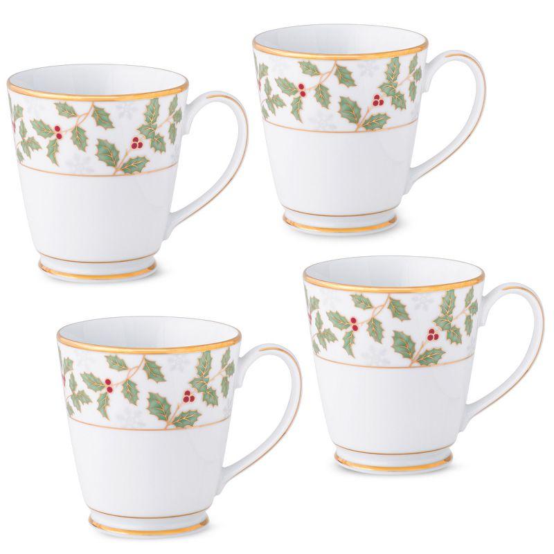 Holly and Berry Gold Ceramic Christmas Mugs, Set of 4