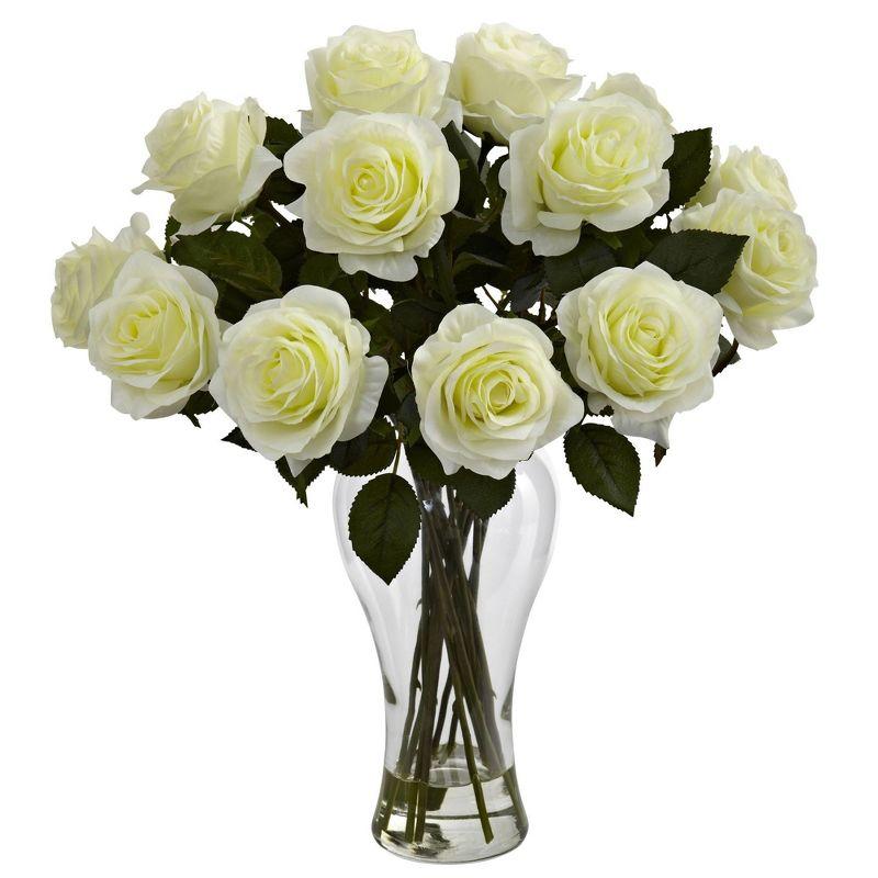 Nearly Natural Blooming Roses with Vase, Red