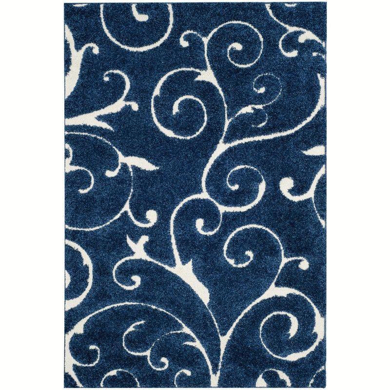 5' x 7' Dark Blue and Cream Floral Shag Rug