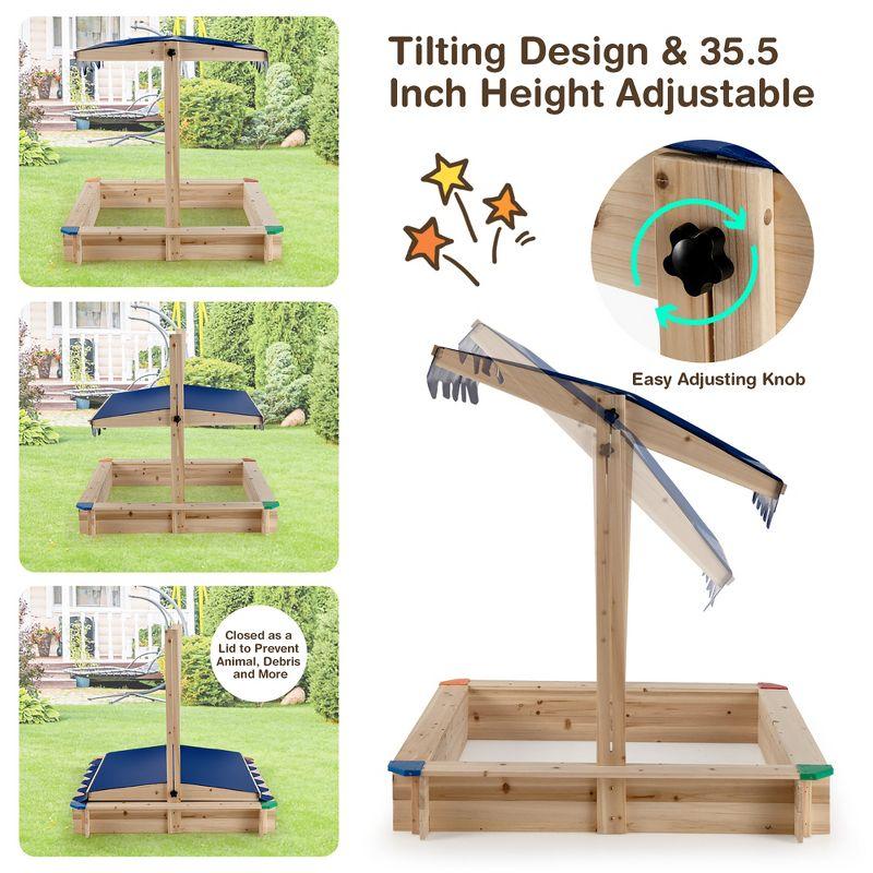 Costway Kids Wooden Sandbox with Height Adjustable & Rotatable Canopy Outdoor Playset