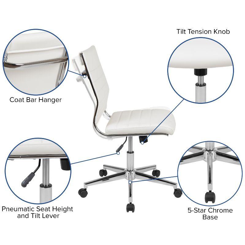 Merrick Lane White Ergonomic Swivel Office Chair Ribbed Faux Leather Back and Seat Mid-Back Armless Computer Desk Chair with Chrome Base