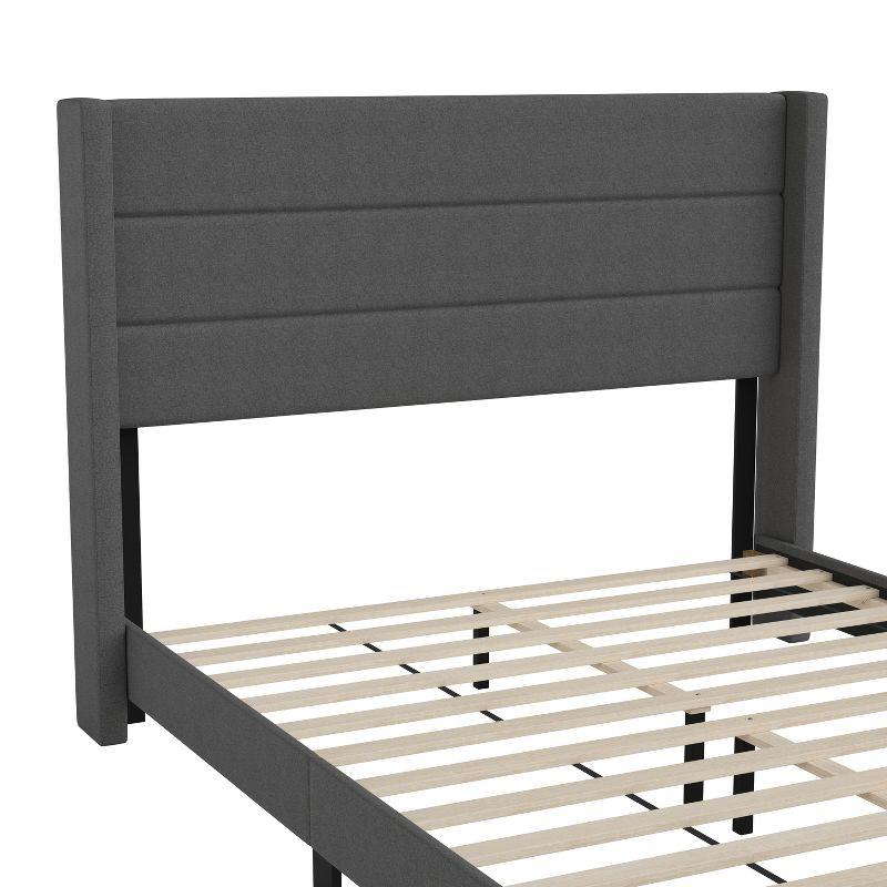 Merrick Lane Modern Queen Platform Bed with Padded Channel Stitched Charcoal Faux Linen Upholstered Wingback Headboard and 6" Underbed Clearance