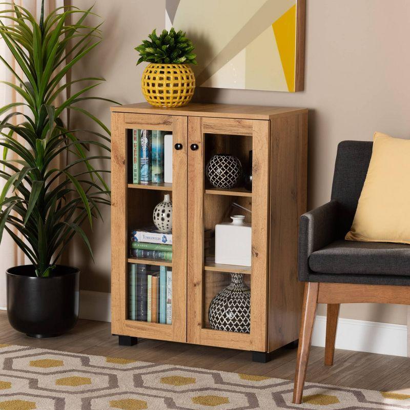 Mason Wood 2 Door Storage Cabinet with Glass Doors Oak Brown/Black - Baxton Studio: Contemporary Design, 3 Fixed Shelves