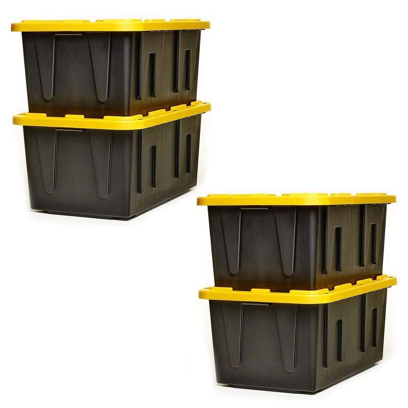 Homz Durabilt 27 Gallon Capacity Flip Lid Stackable Heavy Duty Tough Storage Container Tote, Black Base with Yellow Lid (2 Pack)