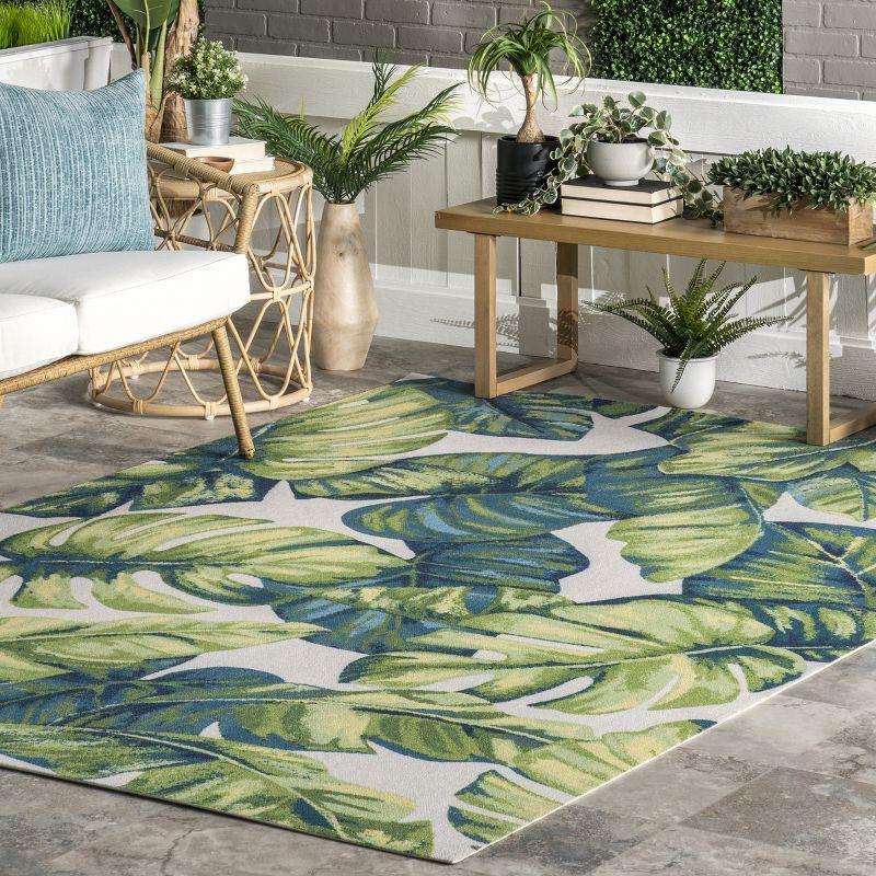 Tropical Leaf Design Blue Synthetic Square Indoor/Outdoor Rug