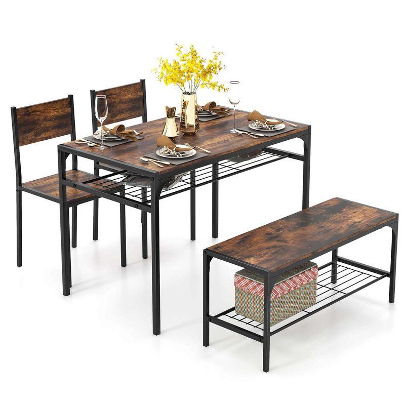 Rustic Brown MDF and Metal Dining Table Set with Bench and 2 Chairs