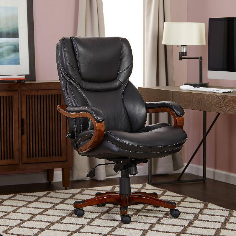 Executive Office Chair in Black Bonded Leather - Serta: High-Density Foam, Fixed Arms, Wood Frame