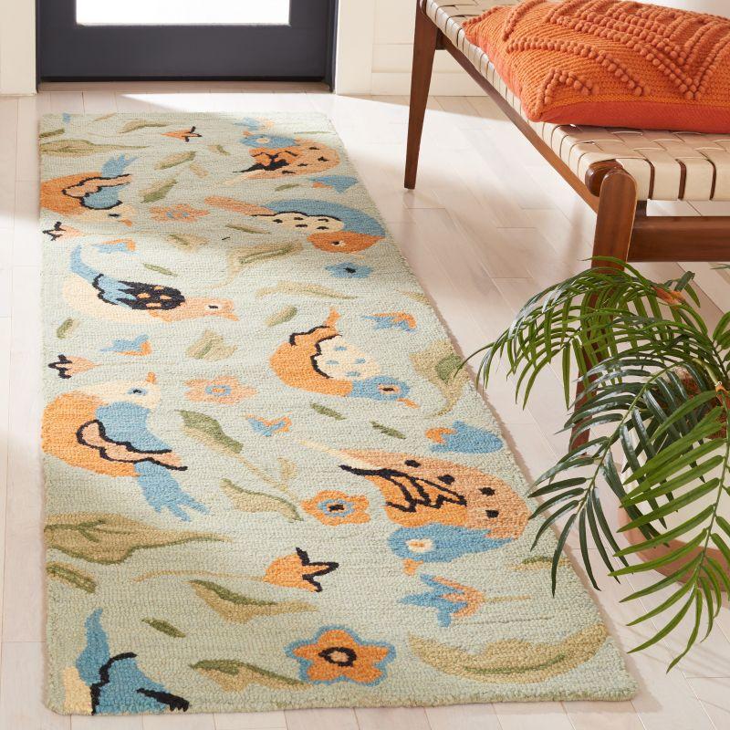 Hand-Knotted Blue Floral Wool Reversible Rug, 30" x 10"