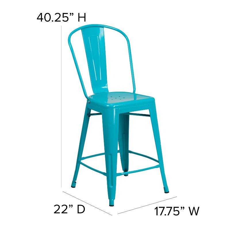 Emma and Oliver Commercial Grade 24"H Teal-Blue Metal Indoor-Outdoor Counter Stool w/ Back