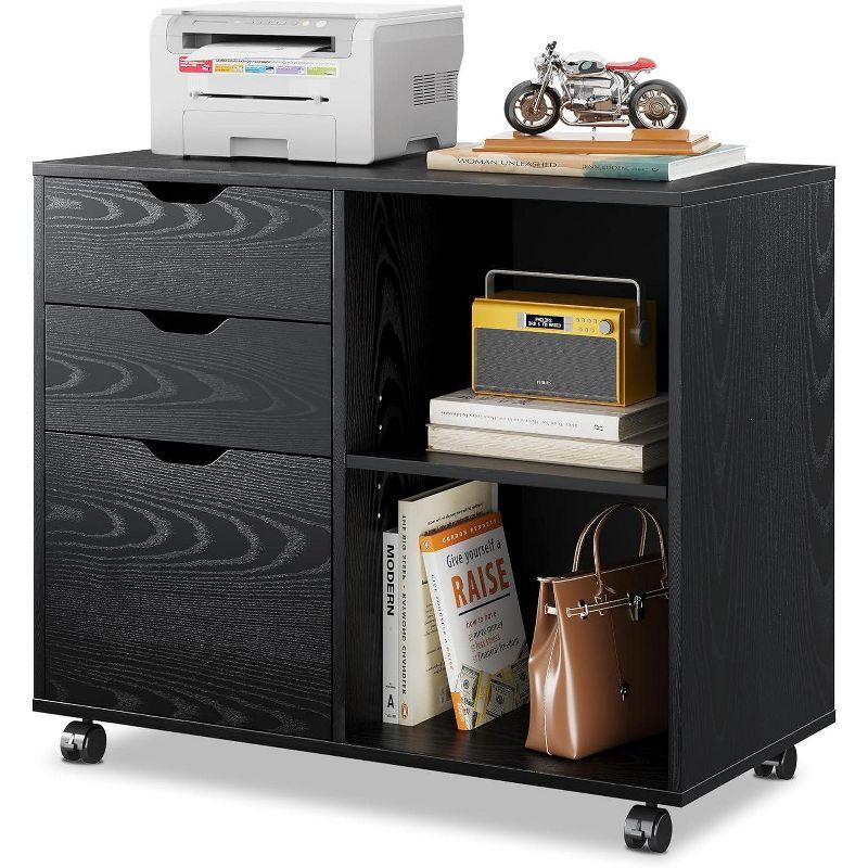 Black Mobile 3-Drawer Wood File Cabinet with Open Shelves