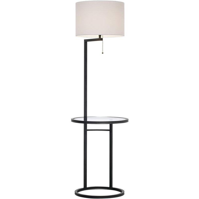 360 Lighting Modern Floor Lamp with Table Glass 62" Tall Black White Fabric Drum Shade for Living Room Reading Bedroom Office