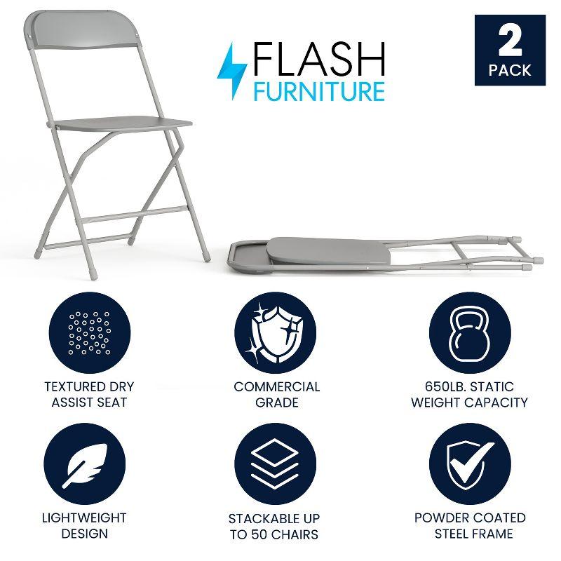 Flash Furniture Hercules Series Plastic Folding Chair Grey - 2 Pack 650LB Weight Capacity Comfortable Event Chair-Lightweight Folding Chair