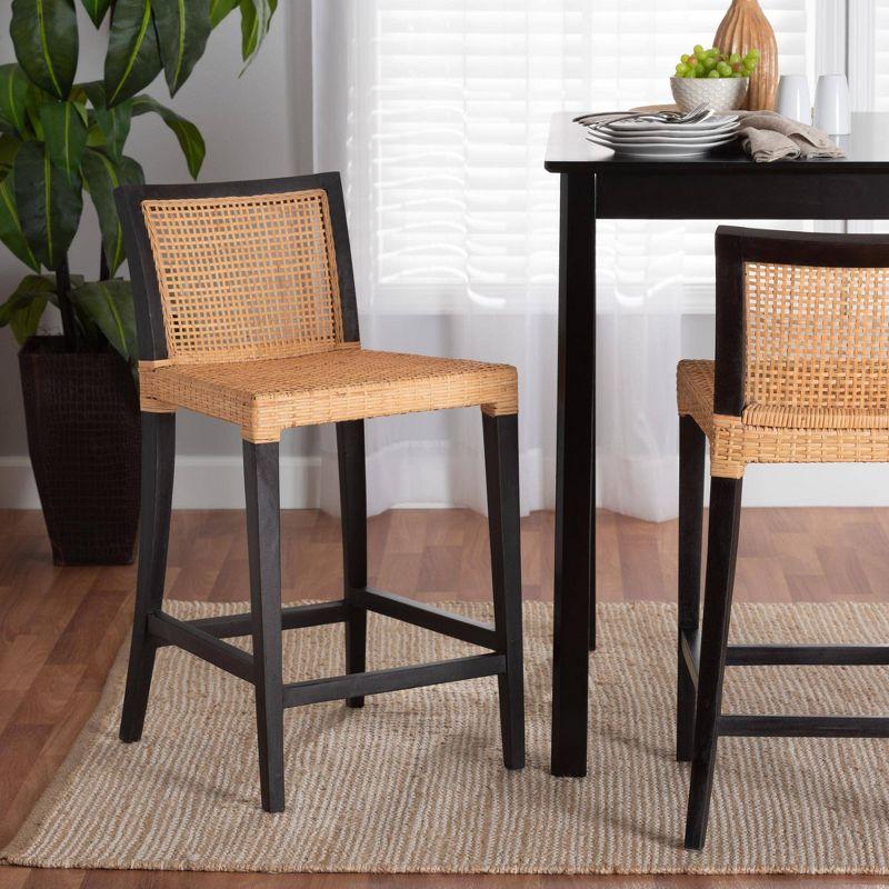 Lingga Dark Brown Mahogany Wood and Natural Rattan Counter Stool