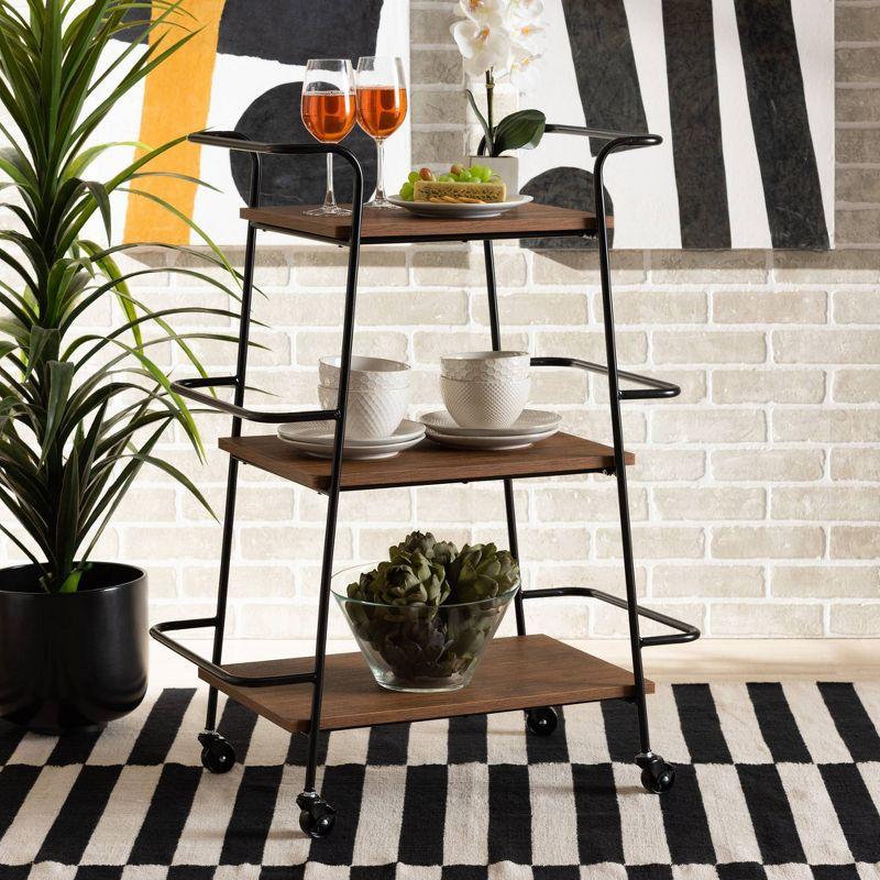 Small Bernard Rustic Industrial Metal and Wood 3 Tier Mobile Wine Bar Cart Black/Walnut - Baxton Studio