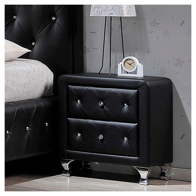 Stella Black Faux Leather Nightstand with Crystal Accents