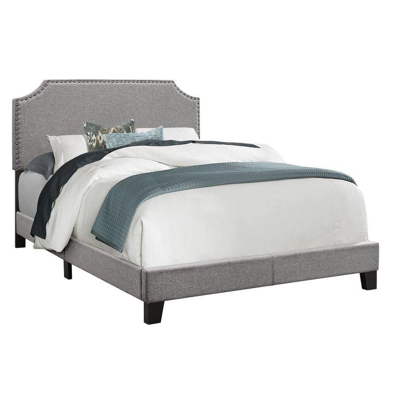 Winston Porter Bed, Bedroom, Upholstered, Grey Linen Look, Chrome Trim, Transitional