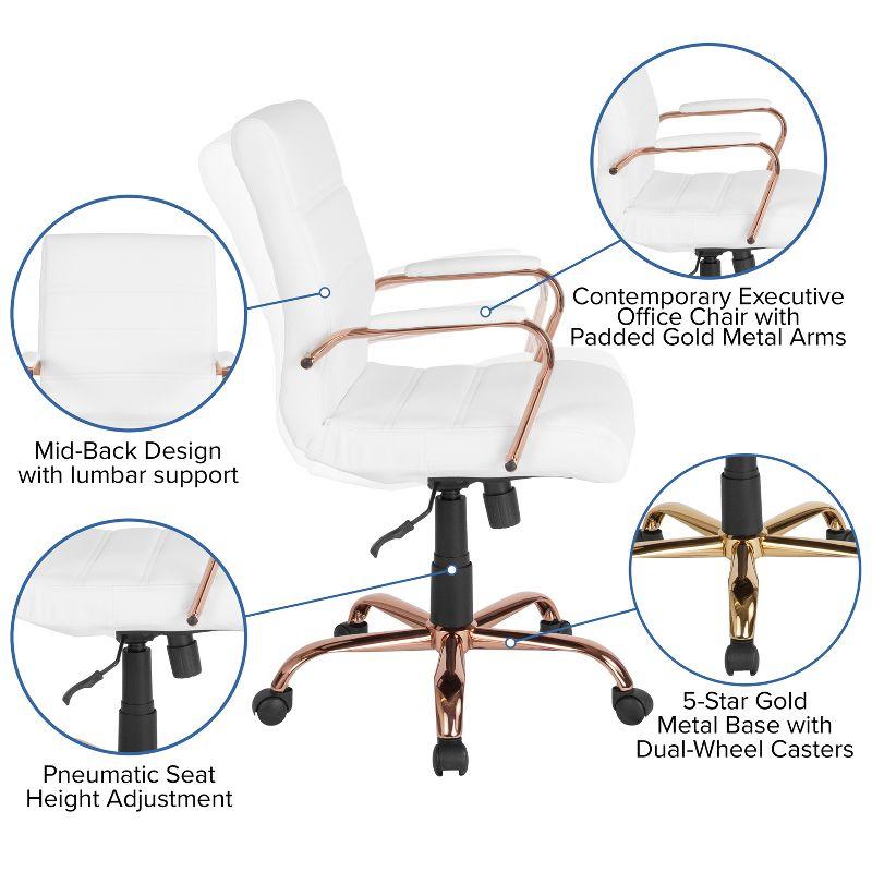 Mid-Back White LeatherSoft Swivel Executive Chair with Rose Gold Metal Frame