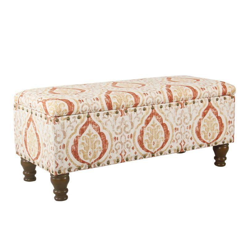 Large Storage Bench with Nailhead Orange/Cream Medallion - HomePop: Upholstered Rectangular Ottoman for Bedroom