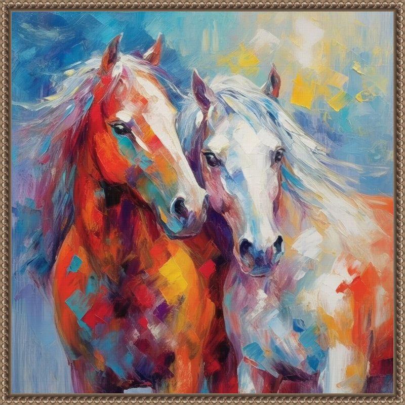 Vibrant Abstract Horses Canvas Art in Ornate Frame