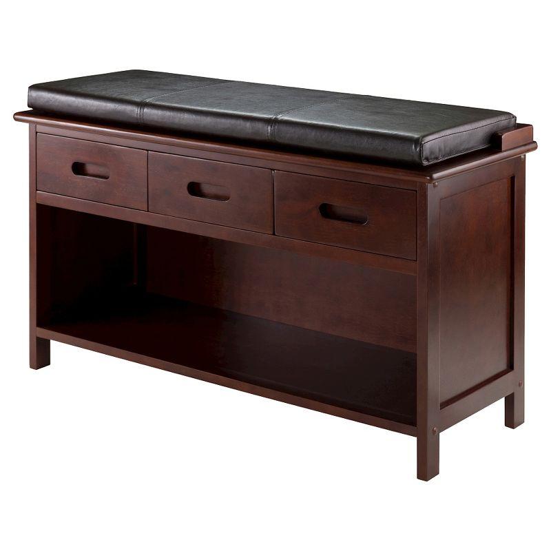 Transitional Walnut Storage Bench with Espresso Faux Leather Cushion