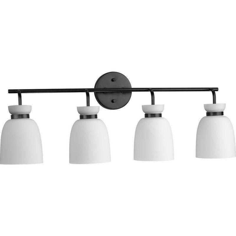 Progress Lighting Lexie 4-Light Vanity Light, Steel, Matte Black, Opal Glass Shades, Damp Rated